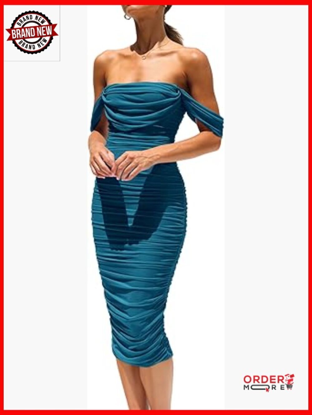 Off Shoulder Ruched Bodycon Midi Dress S-16